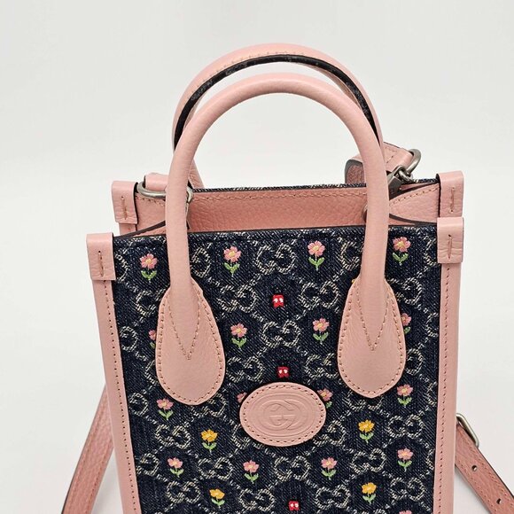 Gucci GG Denim Flowers Mini Tote Bag 400-012925 Brand New with Tag - Picture 4 of 11